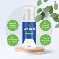 Thumbnail for Orosteel Premium Joint Care Gel auf Podest mit grünen Hinweisen zu veganer Gelenk- und Muskelpflege