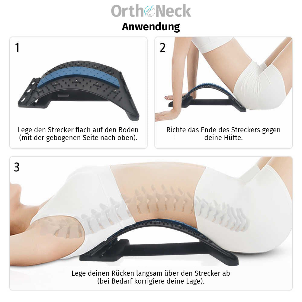 Schwarzer Rückenstrecker mit blauer Auflage, Frau in weißer Kleidung demonstriert Anwendung in 3 Schritten, 