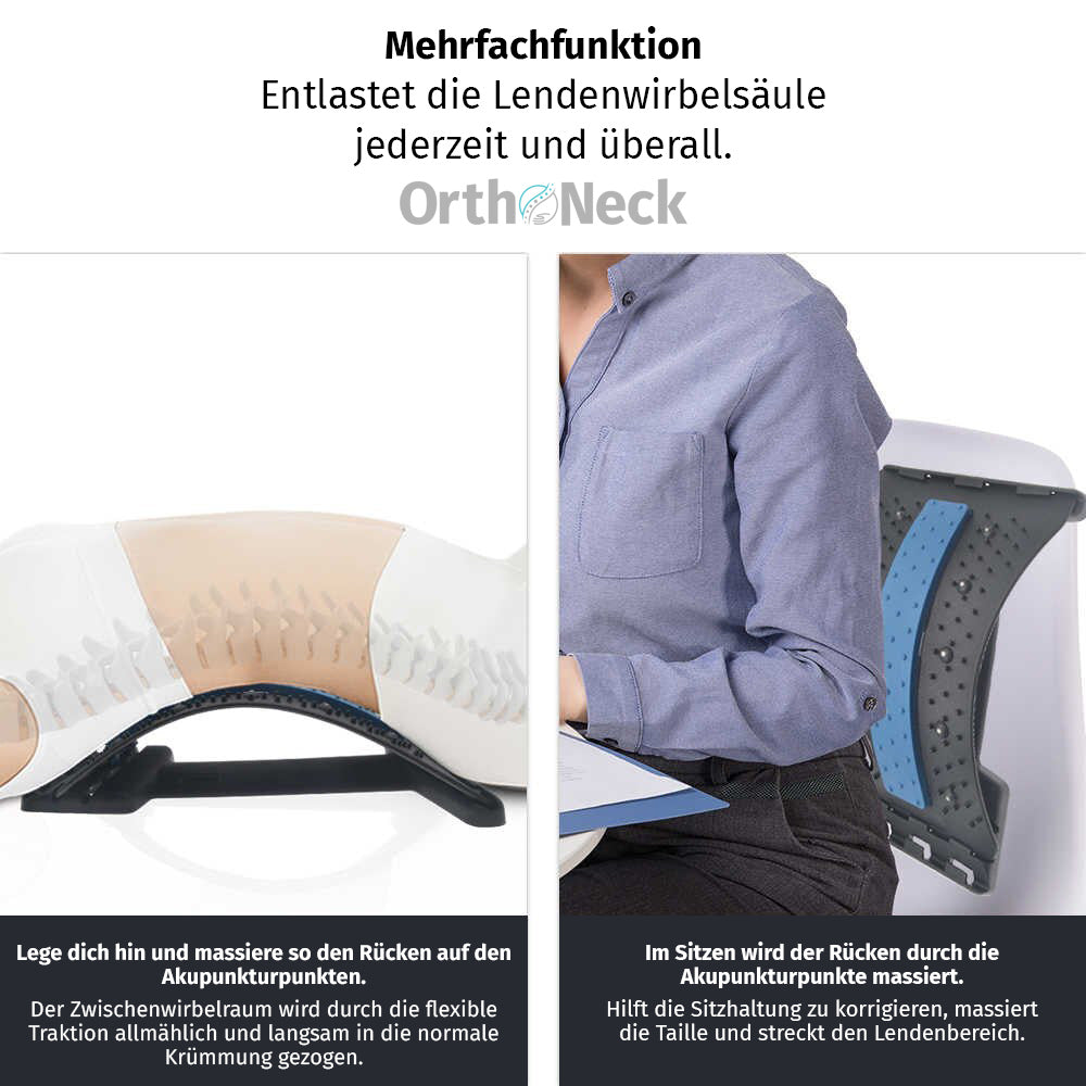 Blauer Rückenstrecker mit schwarzem Gestell zur Nutzung im Sitzen an Stuhl und im Liegen auf Boden