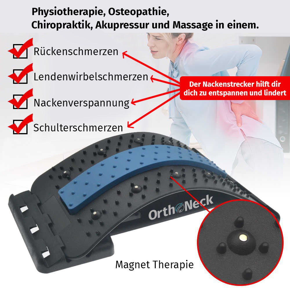 Schwarzes Nackenstreckgerät mit blauer Auflagefläche und sichtbaren Magnetpunkten von Orthoneck