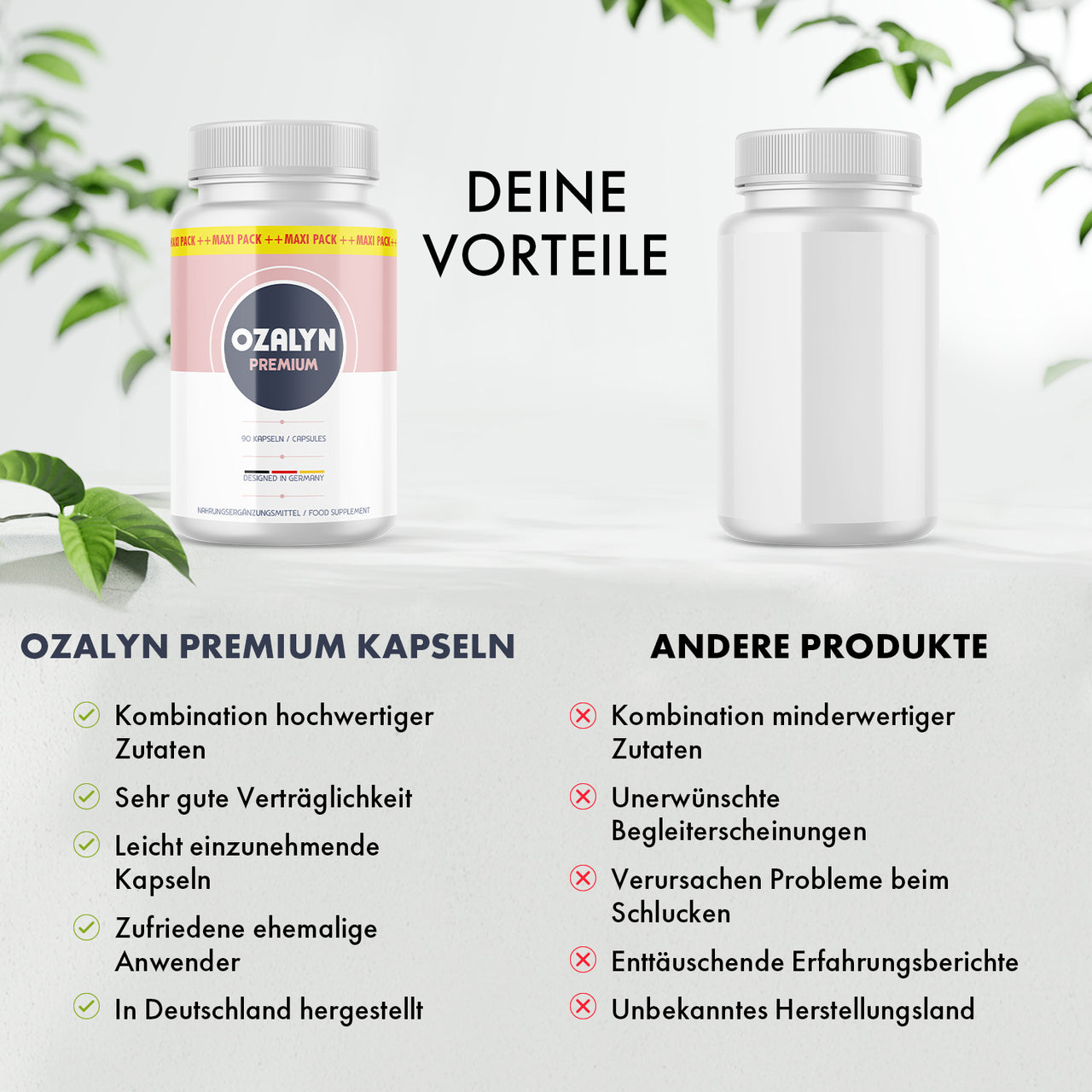Vergleichsgrafik mit Ozalyn Premium und anderer Dose sowie Listen zu Vorteilen und Nachteilen