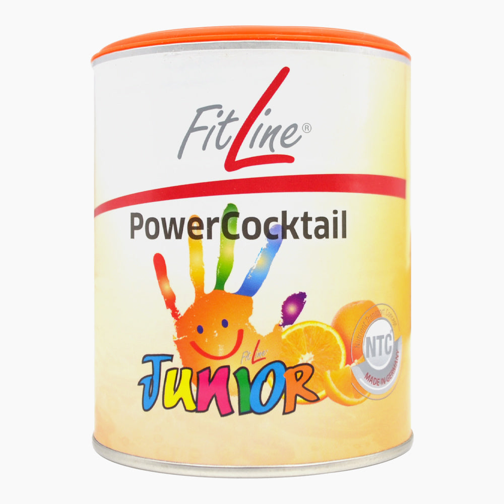 Dose mit rotem Deckel und Aufdruck PowerCocktail Junior mit orangener Flüssigkeit und Orangenscheiben