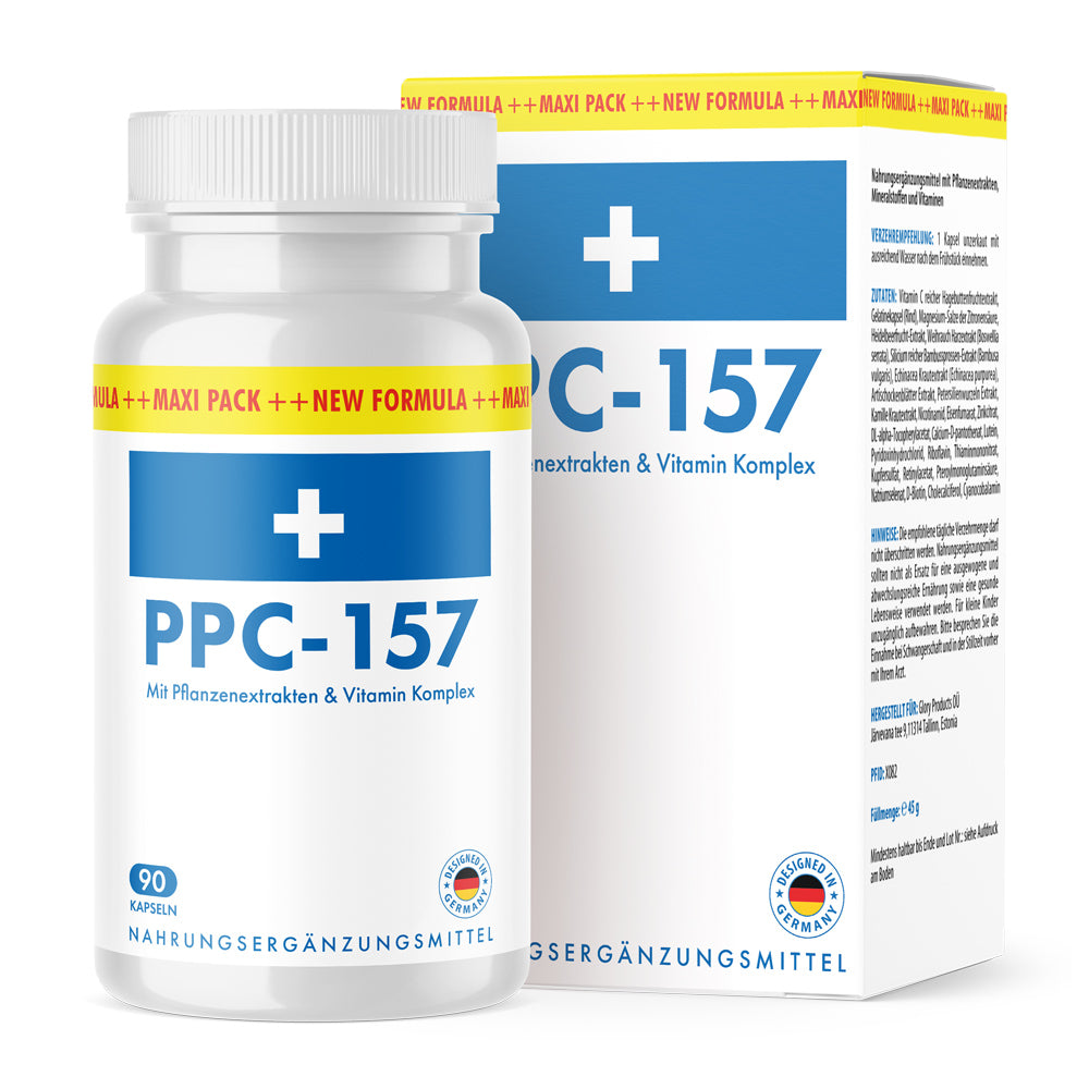 Weiße Kunststoffdose mit blauem Etikett PPC-157 mit Pflanzenextrakten und Vitamin Komplex, 90 Kapseln vor passender Faltschachtel