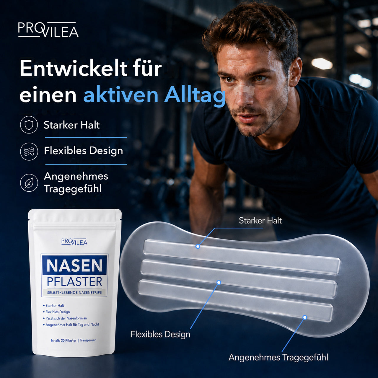 Mann beim Training mit Nasenpflaster, daneben Provilea Nasenpflaster und sichtbare Produktmerkmale