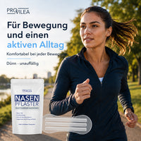 Thumbnail for Frau joggt mit Nasenpflaster im Park, daneben Provilea Nasenpflaster und transparente Nasenstrips