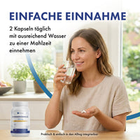 Thumbnail for Grafik Einfache Einnahme mit Frau, Glas Wasser, Kapseln und Produktdose