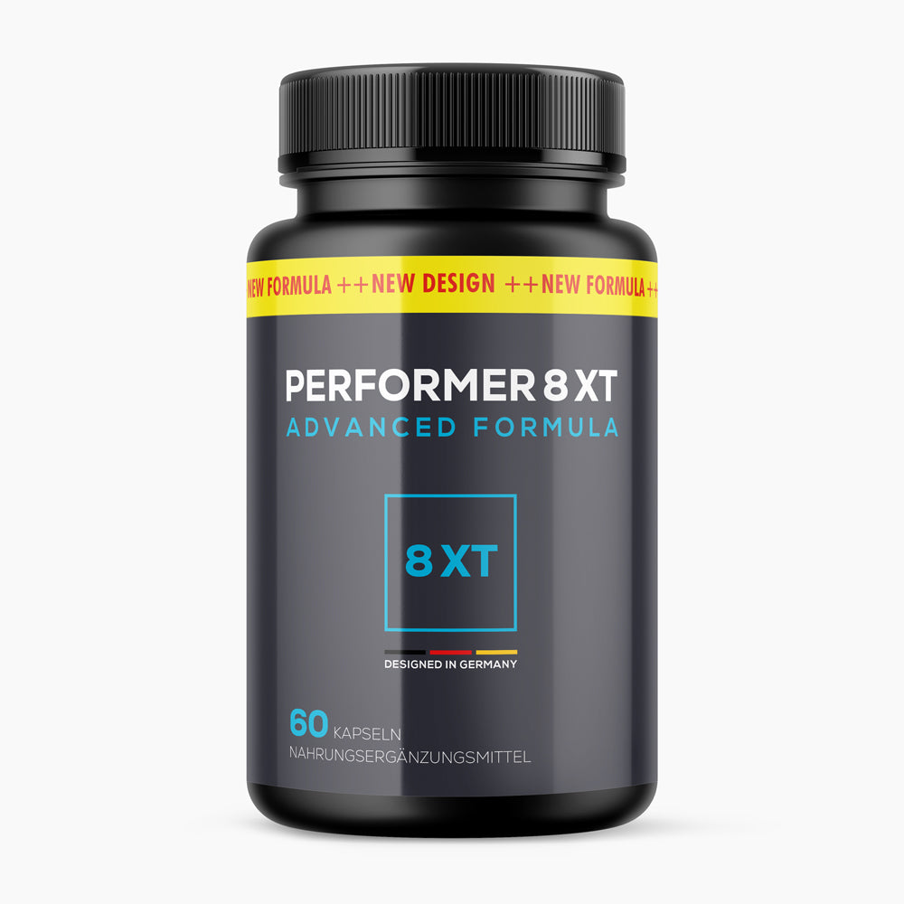 Dose mit dunklem Etikett Performer 8XT Nahrungsergänzungsmittel mit 60 Kapseln und blauer Schrift
