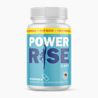 Thumbnail for Weiße Kunststoffdose mit Aufdruck Power Rise Caps und 60 Kapseln auf hellblauem Hintergrund