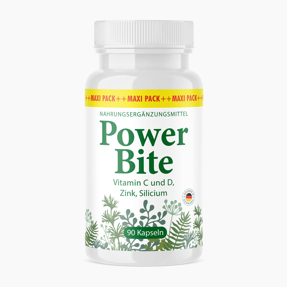 Weiße Kunststoffdose mit grüner Schrift Power Bite und Pflanzenmotiv, 90 Kapseln