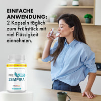 Thumbnail for Frau trinkt Wasser neben Pre Bio Zempira Dose mit Anwendungshinweis und 90 Kapseln
