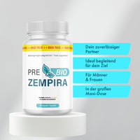 Thumbnail for Pre Bio Zempira Dose mit 90 Kapseln auf weißem Podest und türkisfarbenen Textfeldern