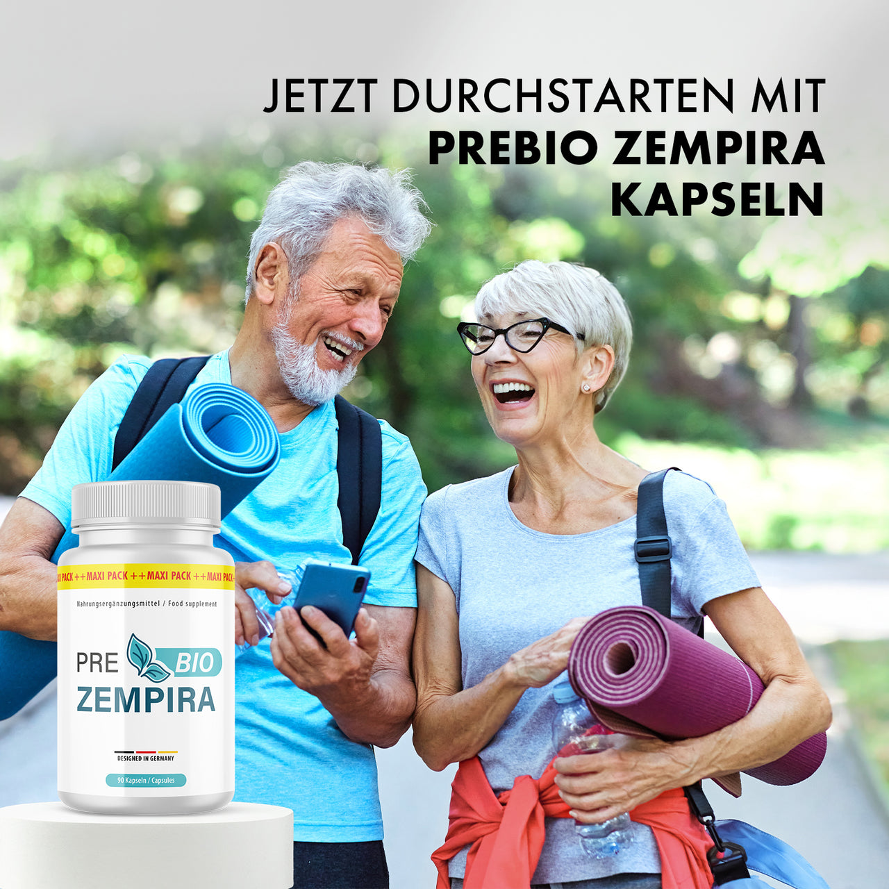 Zwei ältere Personen mit Sportmatten neben Pre Bio Zempira Dose und großem Produkttext