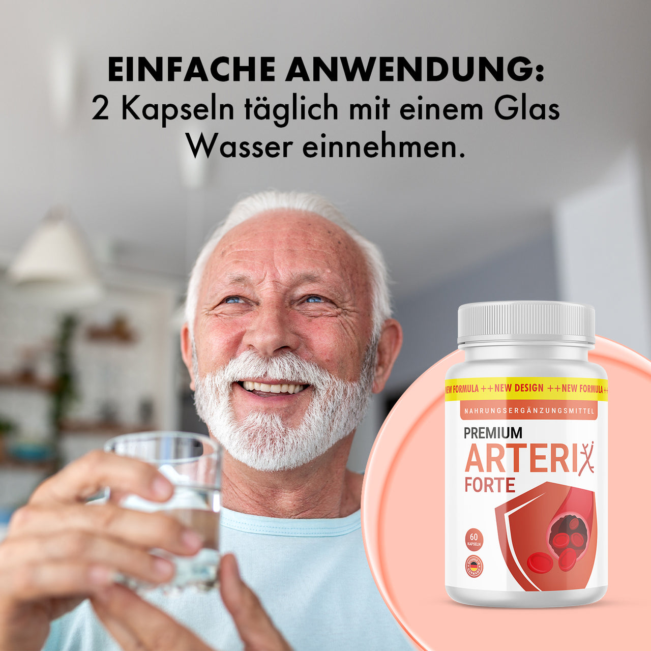 Grafik Einfache Anwendung mit Mann, Wasserglas, Produktdose und Anwendungstext