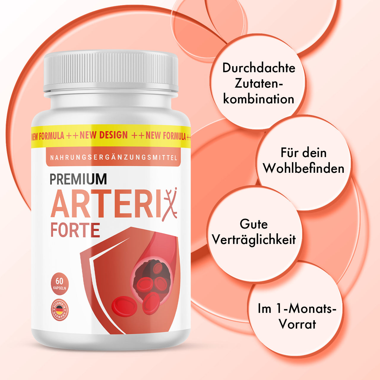 Dose Premium Arterix Forte mit vier Textkreisen zu Zutatenkombination und Verträglichkeit