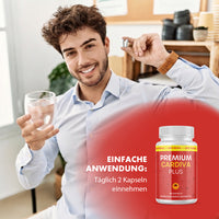 Thumbnail for Mann mit Wasserglas und Kapsel, Premium Cardiva Plus und Anwendungstext