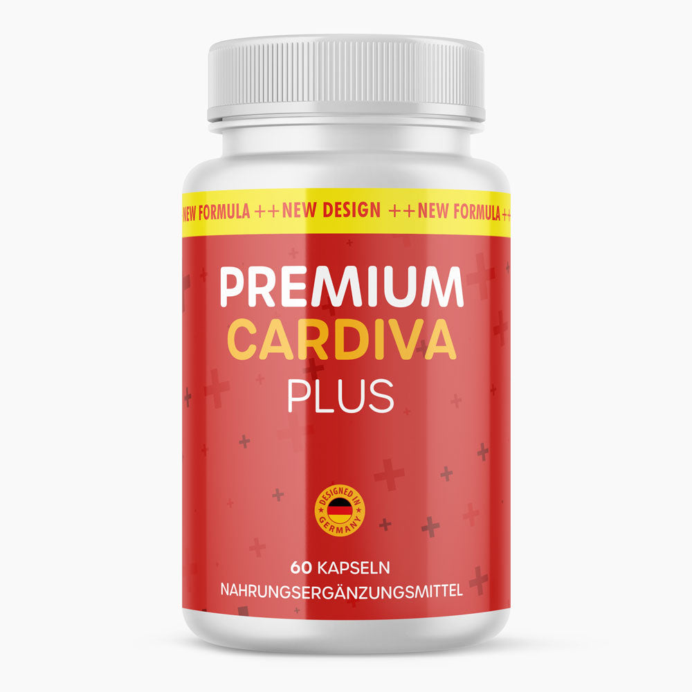 Weiße Produktdose Premium Cardiva Plus mit rotem Label und gelbem Streifen