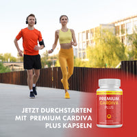 Thumbnail for Mann und Frau joggen draußen, rechts unten Premium Cardiva Plus Dose mit großem Werbetext