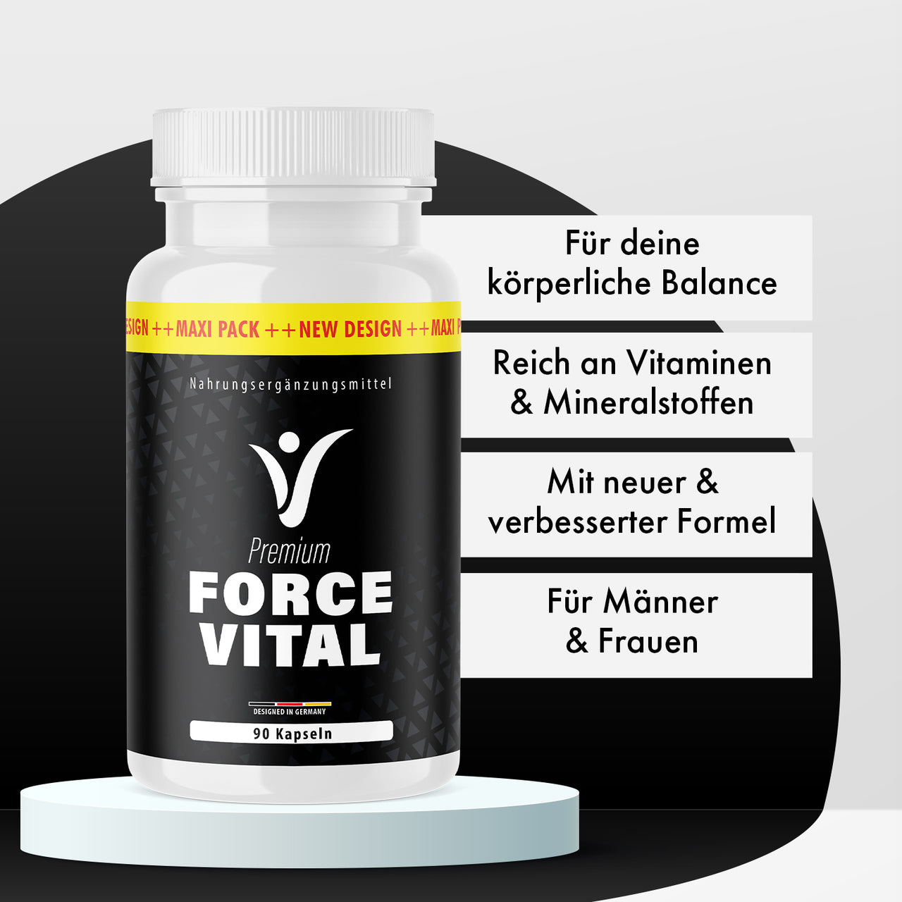 Force Vital Premium Dose mit 90 Kapseln vor Infotexten zu Vitaminen und Mineralstoffen