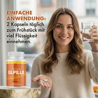 Thumbnail for Frau hält Glas Wasser und zwei Kapseln neben Premium GLPills Dose mit Anwendungstext