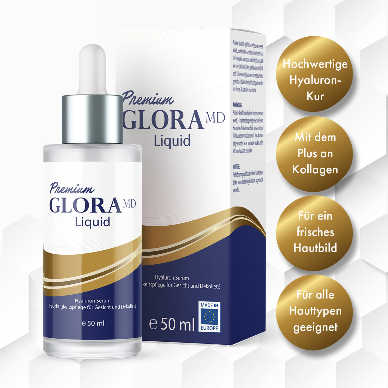 Premium Glora MD Liquid 50 ml vor passender Faltschachtel mit goldenen Infokreisen