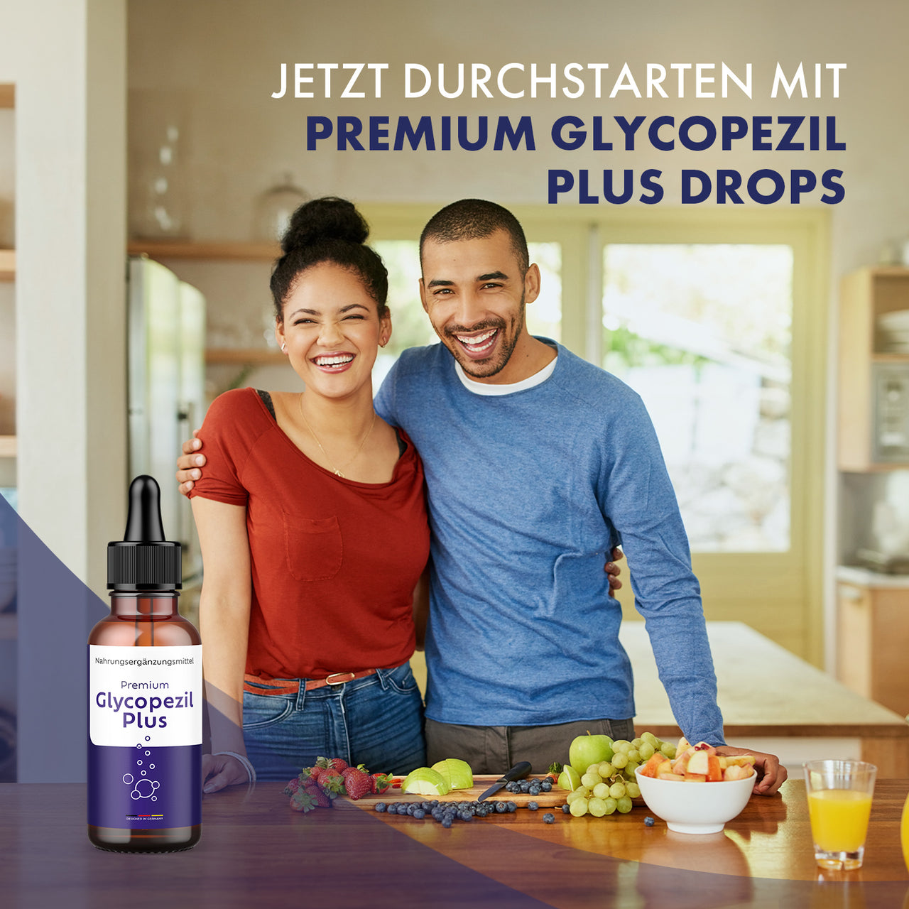 Premium Glycopezil Plus Drops mit lächelndem Paar, Obst auf Tisch und Produktdose unten links