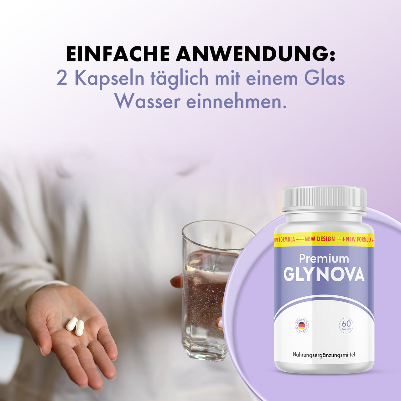 Premium Glynova Dose mit Einnahmehinweis, zwei Kapseln auf einer Hand und einem Glas Wasser