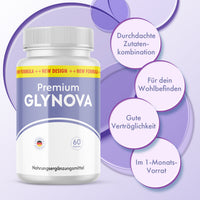 Thumbnail for Premium Glynova Dose mit vier Infokreisen zu Zutatenkombination, Verträglichkeit und Monatsvorrat