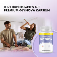 Thumbnail for Premium Glynova Dose mit 60 Kapseln, daneben ein Paar in der Küche beim Zubereiten von Speisen