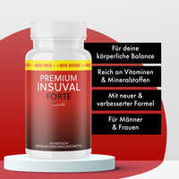 Thumbnail for Weiße Dose Premium Insuval Forte mit 90 Kapseln auf Podest und schwarzen Infoboxen rechts daneben