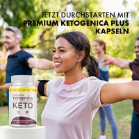 Thumbnail for Menschen trainieren draußen, links die Premium Ketogenica Plus Keto Nahrungsergänzungsmittel Dose