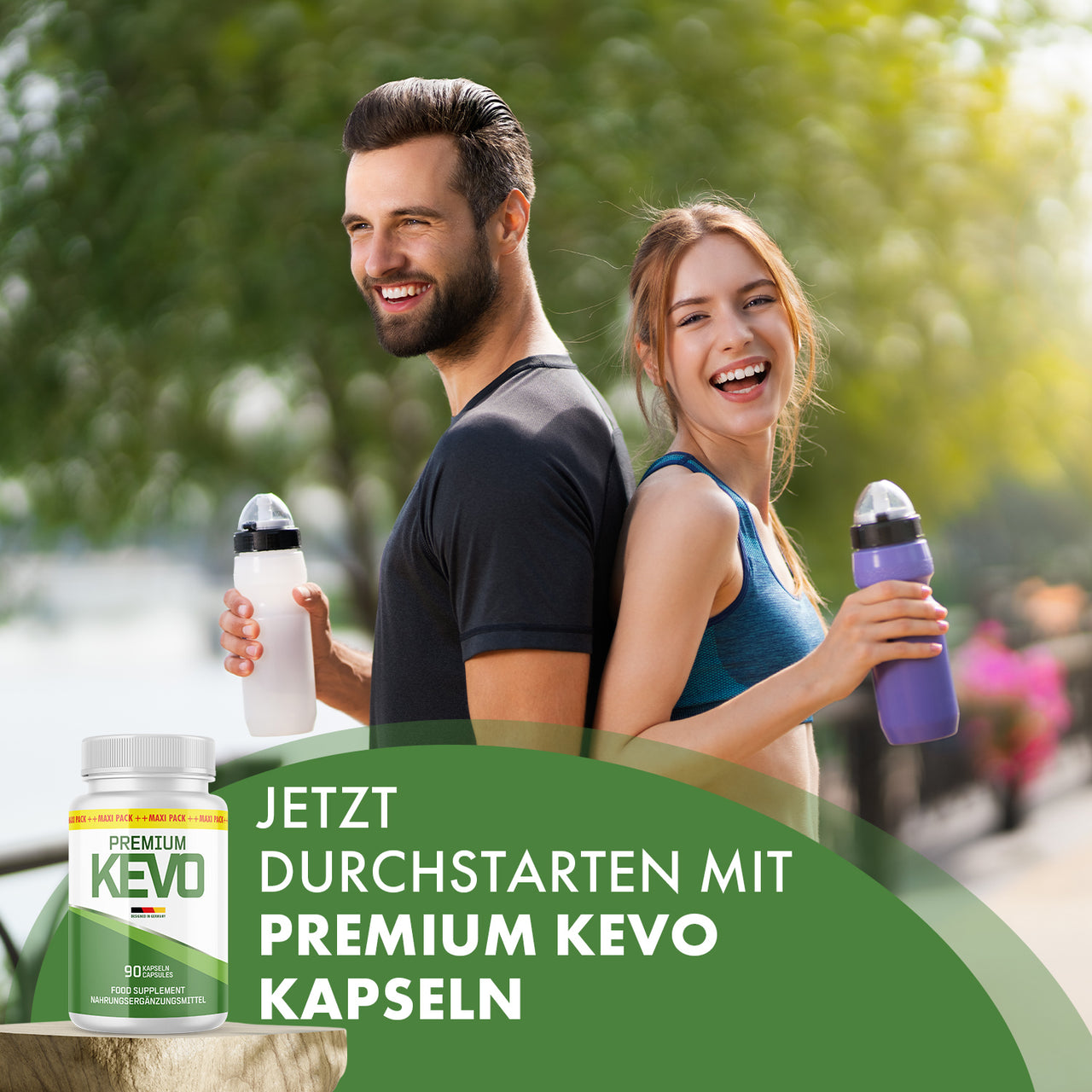 Mann und Frau im Sportoutfit mit Trinkflaschen, daneben eine Dose Premium Kevo mit 90 Kapseln