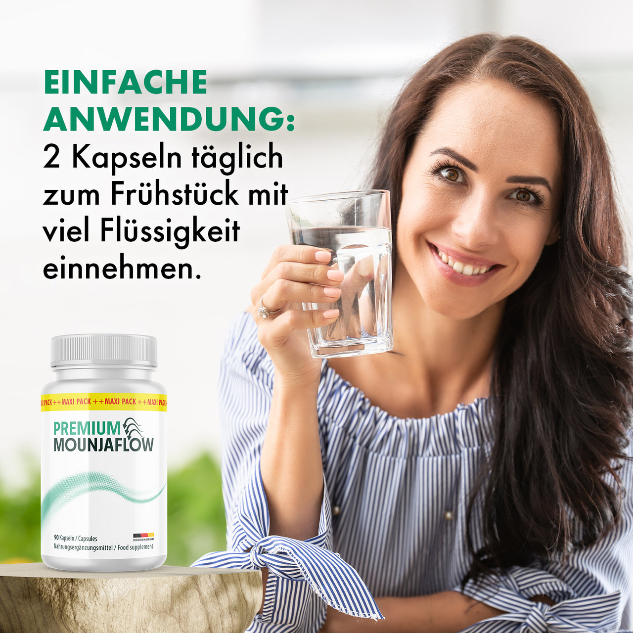 Dose Premium Mounjaflow Kapseln neben Frau mit Wasserglas und Hinweis zu 2 Kapseln täglich