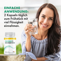 Thumbnail for Dose Premium Mounjaflow Kapseln neben Frau mit Wasserglas und Hinweis zu 2 Kapseln täglich