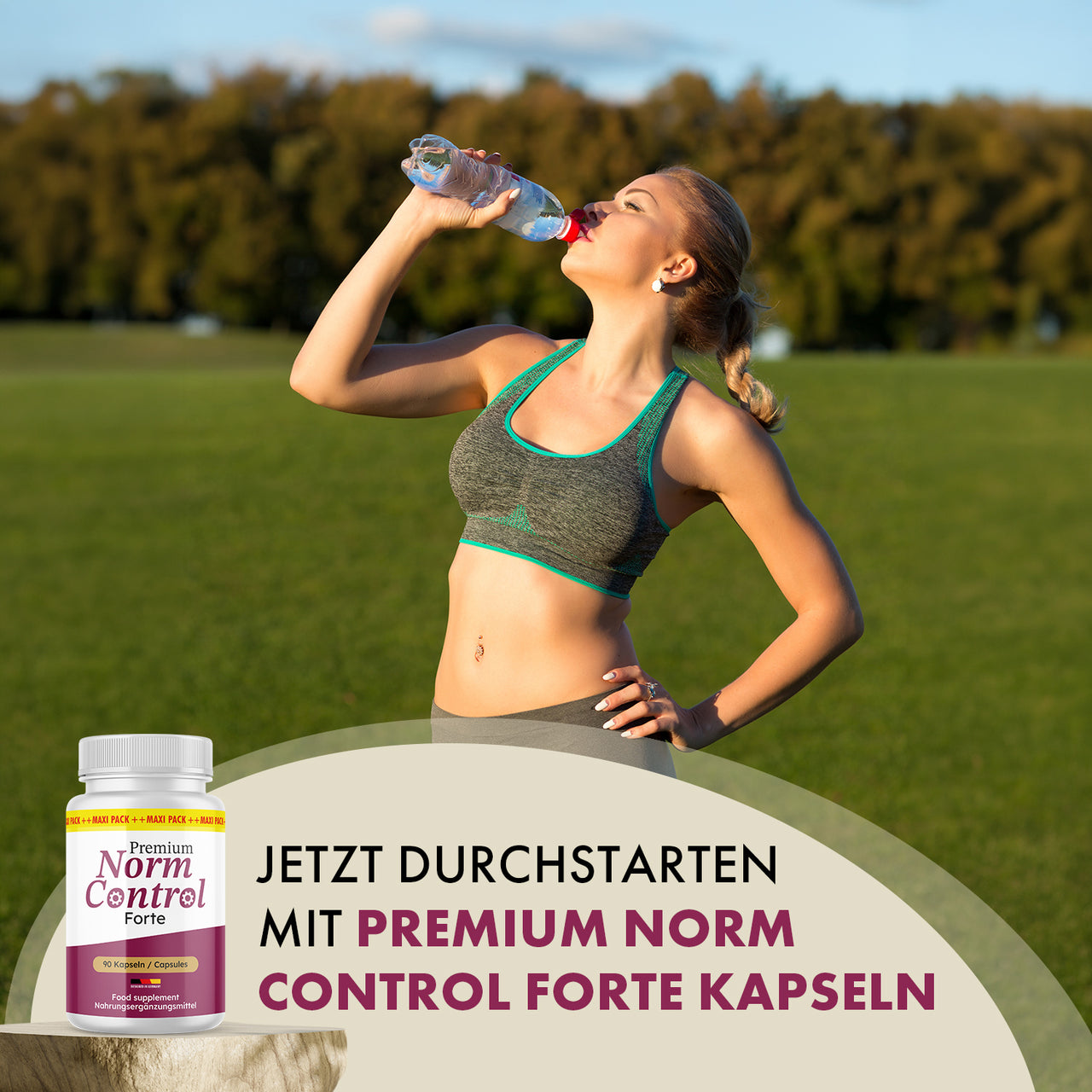 Frau trinkt aus Wasserflasche neben Norm Control Forte Dose mit 90 Kapseln und großem Textfeld