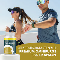 Thumbnail for Premium Omnipurge Plus Kapseln mit sportlichem Paar beim Laufen und Produktdose im Vordergrund