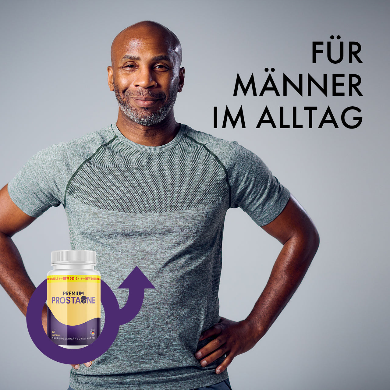 Premium Prostaone Produktgrafik mit Mann, Dose und Hinweis für Männer im Alltag auf grauem Grund