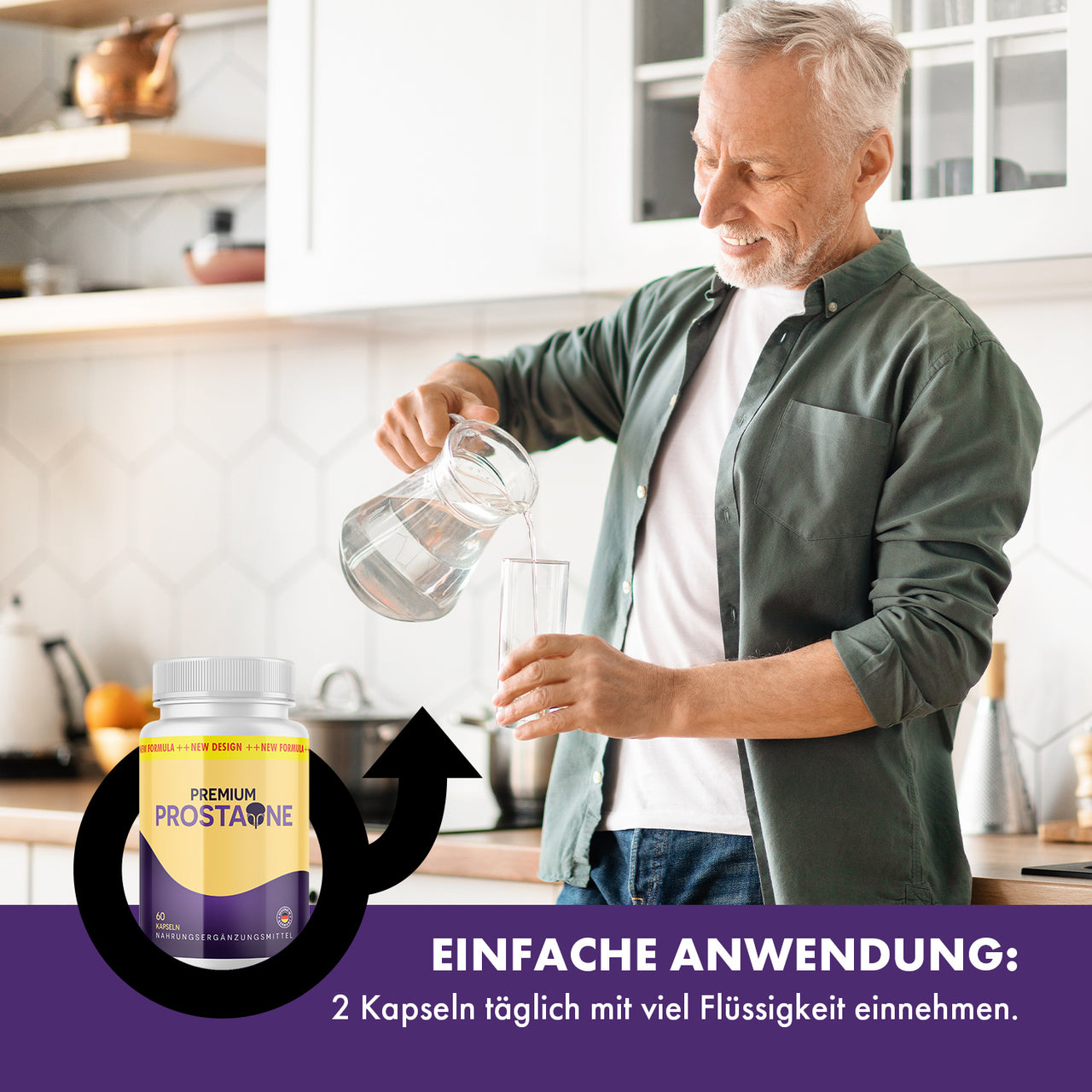 Premium Prostaone Produktgrafik mit Mann, Wasserglas und Anwendungshinweis für 2 Kapseln täglich