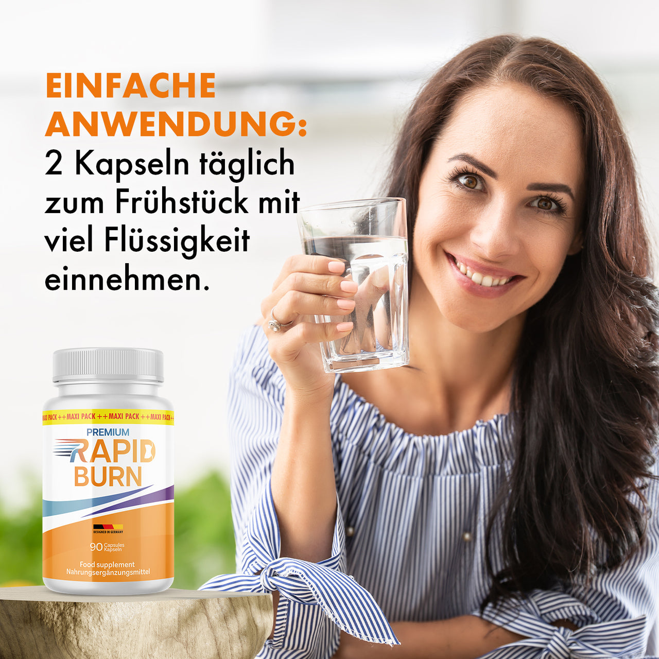 Frau hält ein Glas Wasser, daneben Dose Premium Rapid Burn und sichtbarer Anwendungshinweis zur Einnahme