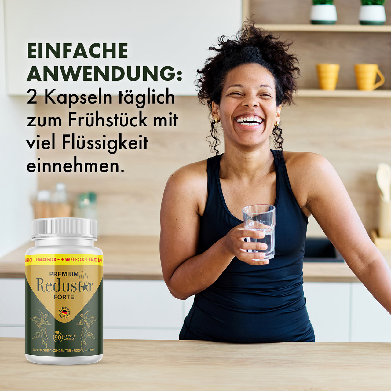 Premium Redustar Forte mit lachender Frau, Wasserglas und Einnahmehinweis zu 2 Kapseln täglich