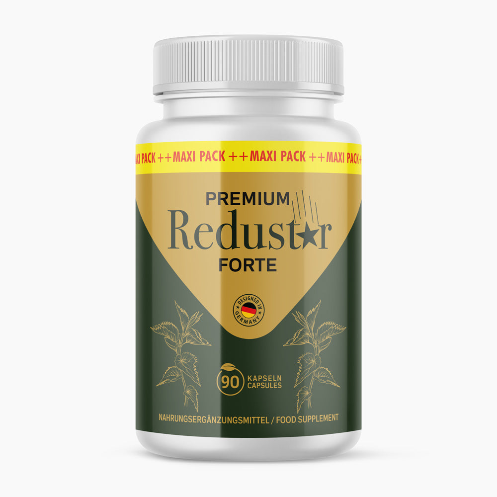 Premium Redustar Forte Nahrungsergänzung in weißer Dose mit 90 Kapseln und grün-goldenem Etikett