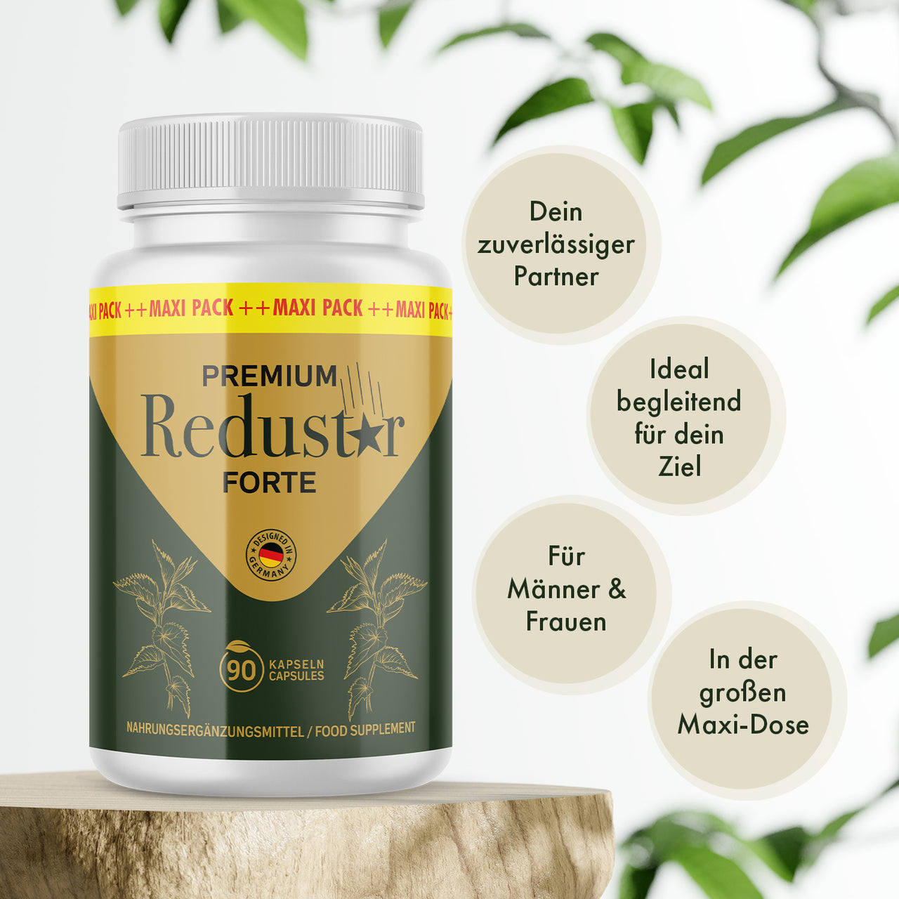 Premium Redustar Forte Maxi-Dose mit 90 Kapseln auf Holzpodest und Vorteilen für Männer und Frauen