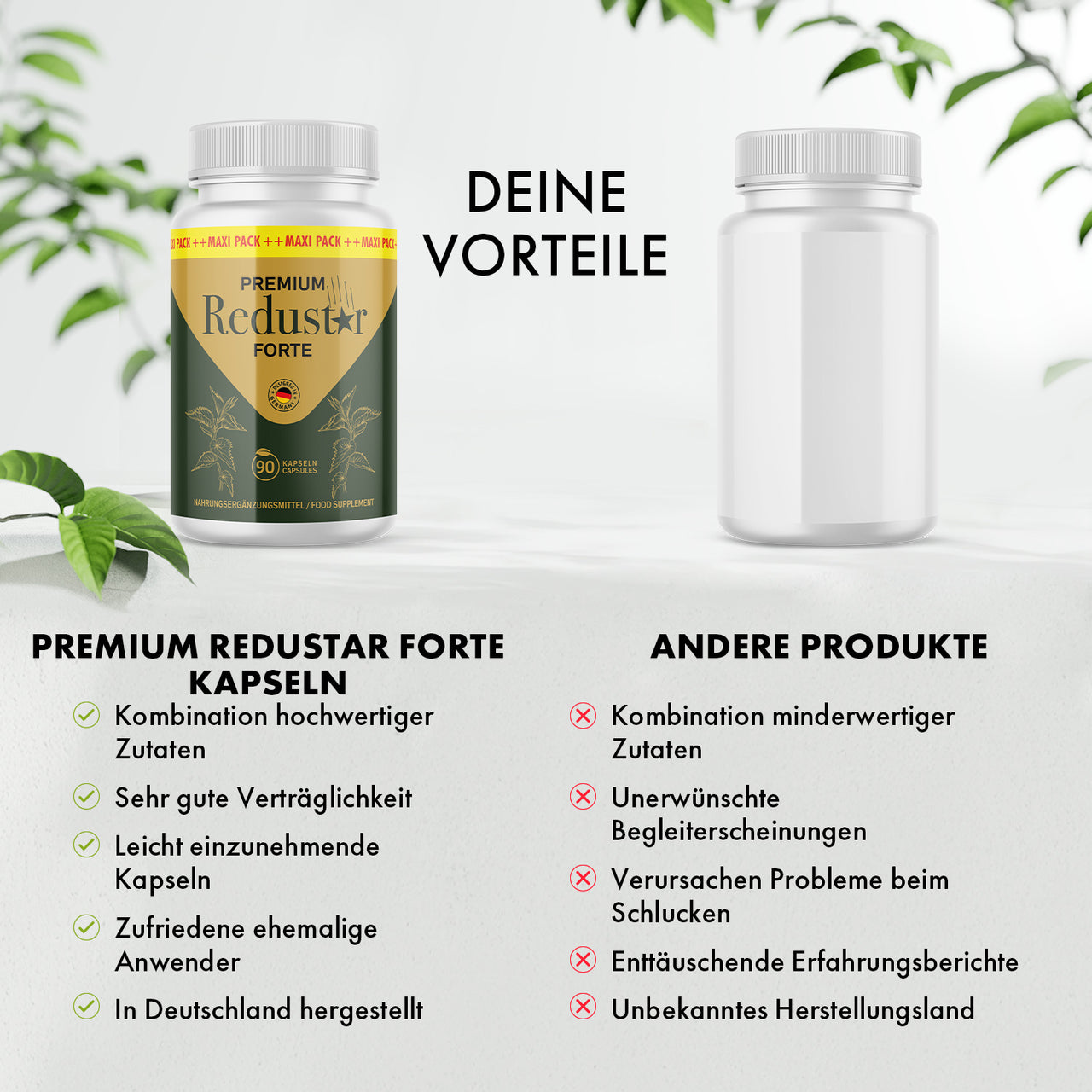 Premium Redustar Forte Vergleichsgrafik mit Vorteilen gegenüber anderen Kapselprodukten