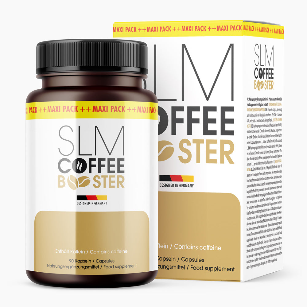 Dose und Verpackung des Nahrungsergänzungsmittels Slm Coffee Booster mit 90 Kapseln auf hellem Hintergrund