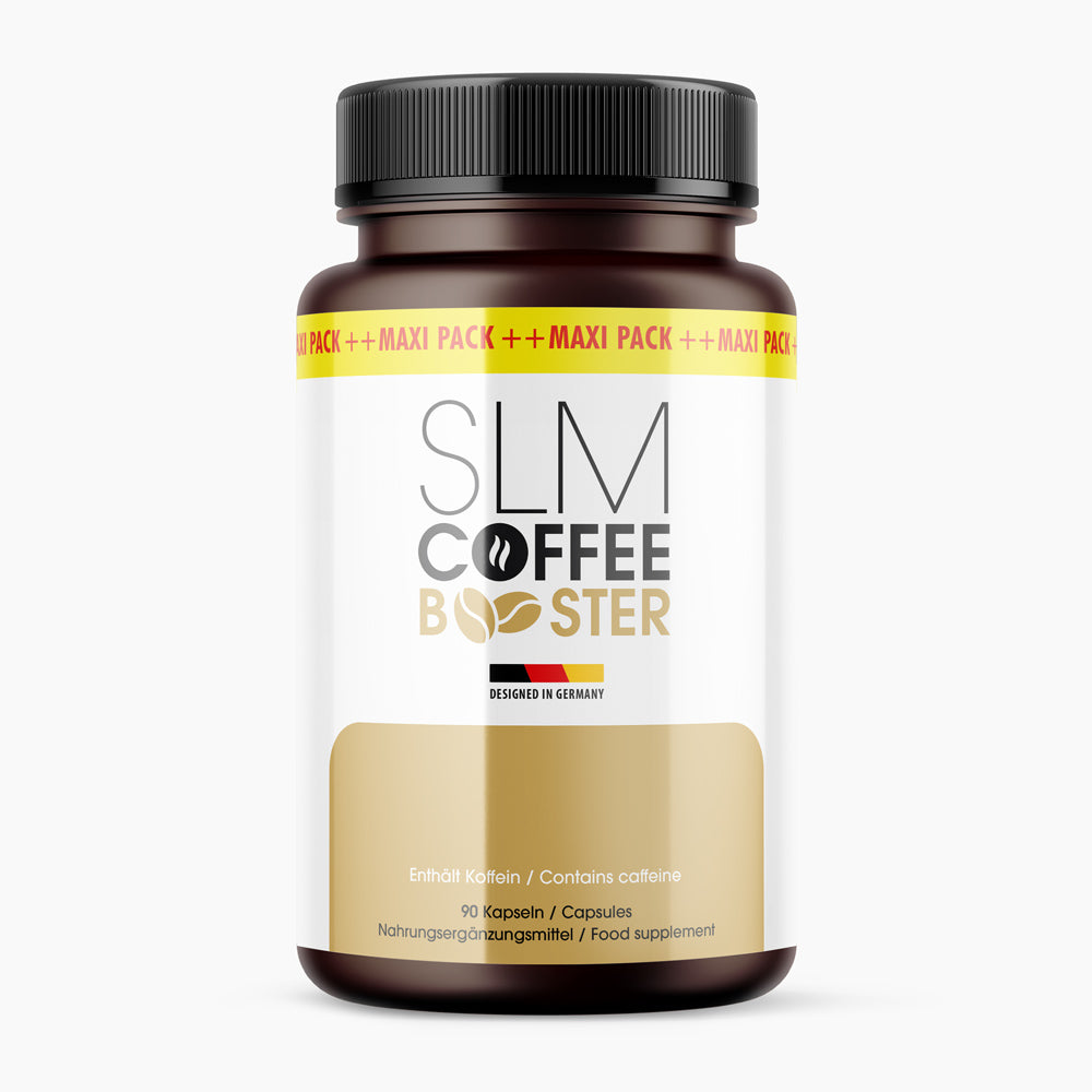 Dose Slm Coffee Booster mit 90 Kapseln und schwarzem Deckel auf hellem Hintergrund gezeigt