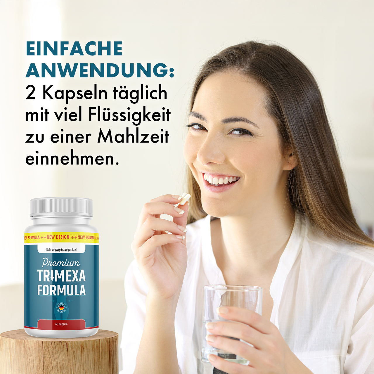 Frau mit Kapseln und Wasserglas neben Trimexa Formula Dose, Einnahmehinweis: 2 Kapseln täglich