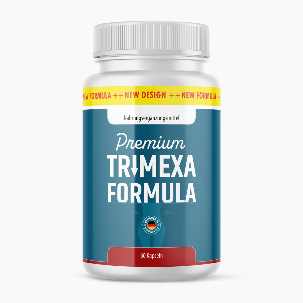 Weiße Dose Trimexa Formula mit blauem Etikett, 60 Kapseln und Hinweis auf Nahrungsergänzungsmittel