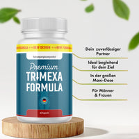 Thumbnail for Trimexa Formula Dose mit blauem Etikett, 60 Kapseln und vier sichtbaren Produktmerkmalen daneben
