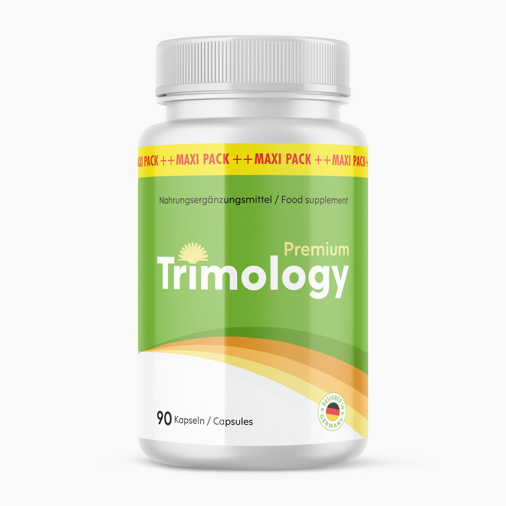 Weiße Kunststoffdose Trimology Premium mit 90 Kapseln und grünem Etikett