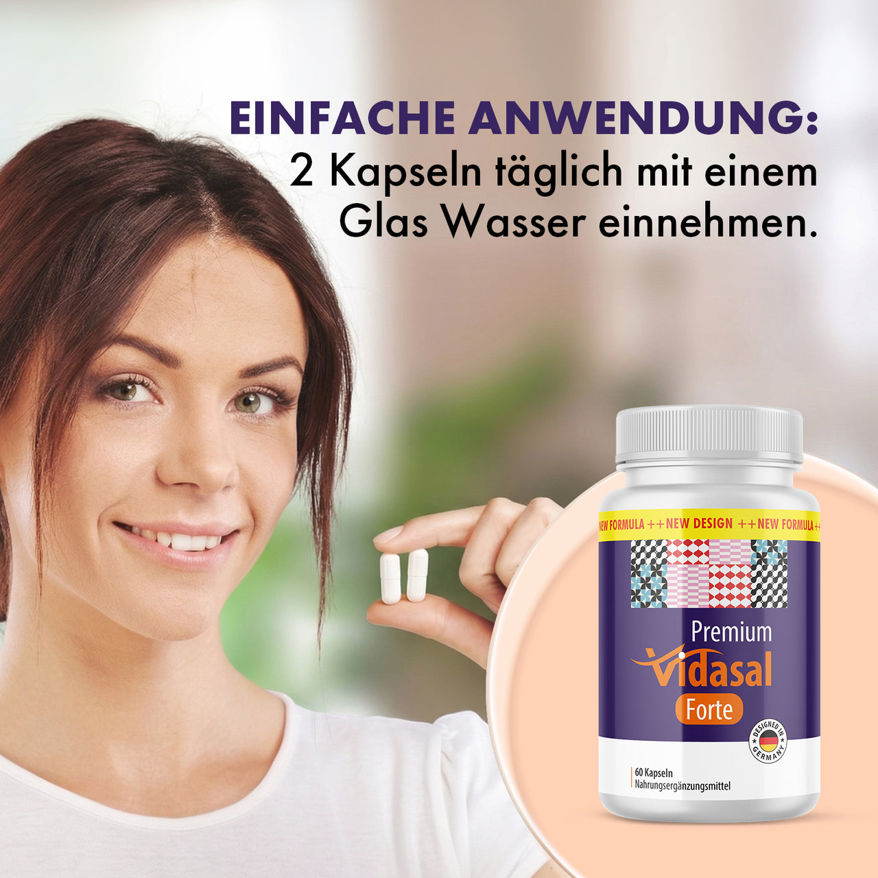 Premium Vidasal Forte mit Frau, zwei Kapseln und Text zur Einnahme