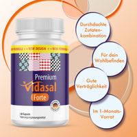 Thumbnail for Premium Vidasal Forte mit vier Textkreisen auf orangefarbenem Hintergrund